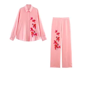 Ensemble Pantalon en Satin Imprimé Floral pour Femmes Élégant Décontracté Haut à Manches Longues et Bas à Jambes Larges Tenue Streetwear