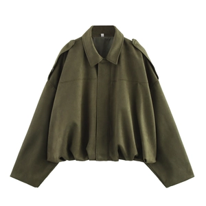 Detail of dark olive green bomber jacket featuring shoulder straps and pleated bubble hem