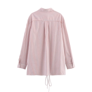 Pink and white striped long sleeve shirt with a lapel collar and drawstring hem detail