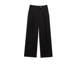 Pantaloni Donna a Vita Alta e Gamba Larga Dritti Larghi Casual Tinta Unita Nero Streetwear Moda Estiva