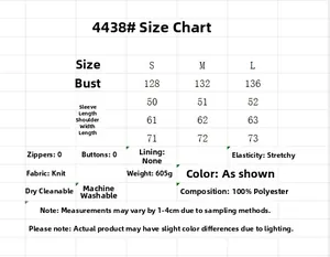 Size chart for women's knit sweater detailing bust and sleeve measurements for S, M, L