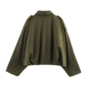 Rear view of deep olive green cropped bomber jacket with shoulder tabs and loose fit