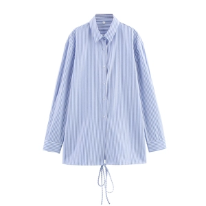 Vertical blue striped long sleeve shirt with lapel collar and adjustable tie-front hem