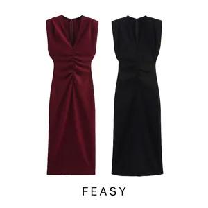 Women Sleeveless Ruched V Neck Midi Dress Elegant High Waist Bodycon Party Cocktail Dress Polyester Solid Color Dress