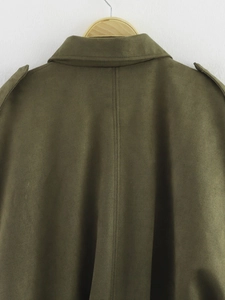 Detailed back view of an olive green jacket with shoulder tabs and central seam detail