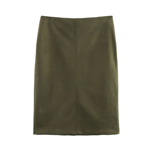 Detailed flat lay of an olive green pencil skirt made of soft faux suede matte fabric
