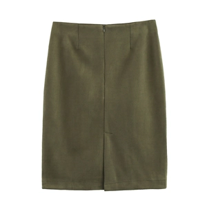 Detail view of olive green pencil skirt back with invisible zipper and hem slit
