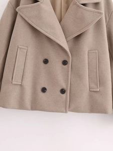 Détails du manteau en laine camel avec boutons croisés et col à revers élégant