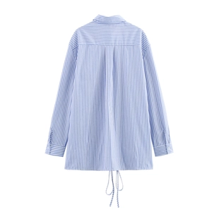 Back view of a striped long sleeve collared shirt with lace-up detail and box pleat