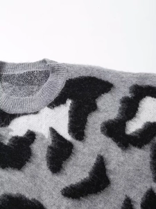 Detail of grey leopard knit sweater showing soft mohair texture and crew neck design