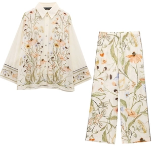 Women's 2-piece floral print loungewear set with button-down shirt and wide-leg trousers