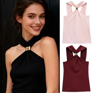Women's Sexy Halter Neck Knit Tank Top With Metal Ring Decoration Slim Fit Sleeveless Backless Ribbed Summer Clubwear Top