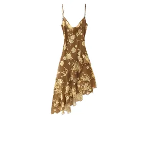 French Vintage Floral Cowl Neck Spaghetti Strap Dress For Women Summer Bohemian Ruffle Asymmetric Backless Chiffon Midi Dress