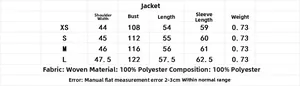 Size chart for women street fashion cropped jacket showing XS to L measurements in cm