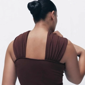 Women's chocolate brown ruched knit halter top with wide straps and backless detail