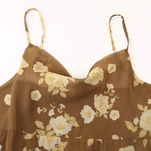 Brown floral chiffon slip dress with cowl neck and adjustable straps for summer style