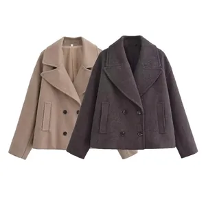 Manteau Court en Laine à Double Boutonnage Décontracté pour Femmes Couleur Unie Revers Mode Streetwear Automne Hiver Veste Outwear