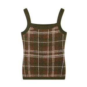 Débardeur en tricot vintage à carreaux vert et marron pour femmes, style chic