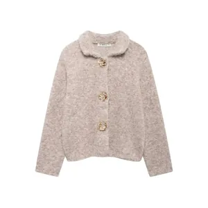Women Casual Knitted Cardigan Sweater Faux Fur Turn-Down Collar Flower Buttons Oatmeal Solid Long Sleeve Autumn Winter Knitwear Top