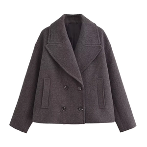 Manteau court à double boutonnage pour femme en laine mélangée gris foncé