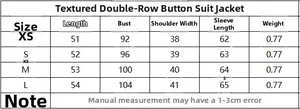 Size chart for textured double-breasted blazer showing length, bust, and sleeve details