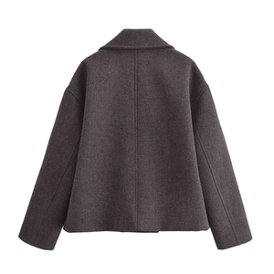 Veste courte en laine gris foncé pour femme avec col à revers et épaules tombantes