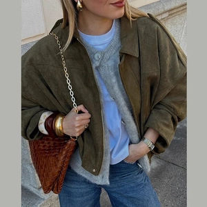 Chic dark green faux suede bomber jacket with shoulder buttons and silver zip for women