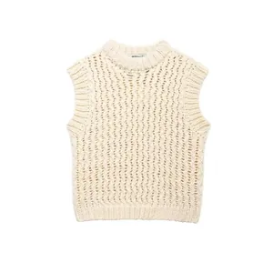 Gilet en Maille Décontracté pour Femmes Col Rond Sans Manches Ajouré Texture Ondulée Couleur Unie Crème Automne Hiver Top