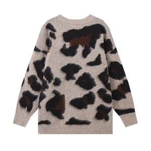 Back view of a trendy leopard print knit sweater with ribbed cuffs and hem for autumn