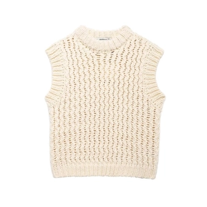 Gilet en maille écrue pour femmes avec motifs ajourés ondulés et bords côtelés