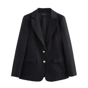Women's black slim fit blazer with gold metal buttons and lapel collar for autumn