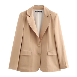 Women's khaki slim blazer with gold buttons and notched lapels for autumn winter season