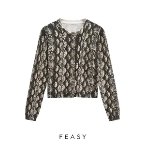 Cardigan in Maglia da Donna con Stampa Serpente Manica Lunga Girocollo con Bottoni Streetwear Casual Moda Top