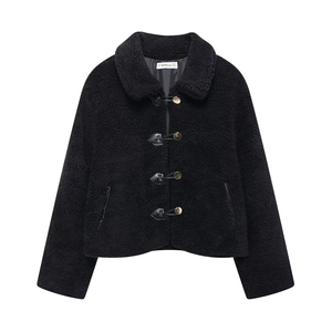 Women's black cropped sherpa jacket with lapel collar and faux leather toggle buttons
