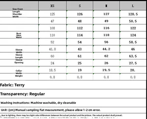 Detailed size chart for women's long fleece coat with measurements and washing guide