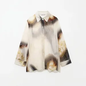 Chemise Femme Élégante à Manches Longues en Mousseline Imprimé Floral Peinture à l'Encre Abstraite Col Polo Haut