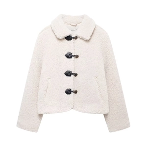 Women's off-white shearling short jacket with stylish black leather buckle closures
