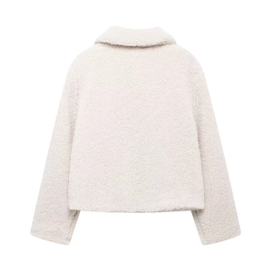 Women's cream sherpa fleece short jacket with lapel collar and long sleeves, back view