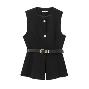 Veste sans manches noire cintrée pour femme avec boutons dorés et ceinture, été 2025