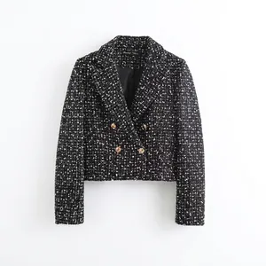 Women Short Double Breasted Tweed Blazer Jacket Vintage Black White Textured Coat With Gold Buttons Autumn Winter