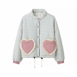 Green gingham jacket with heart pockets and lace trim, stylish street style outerwear