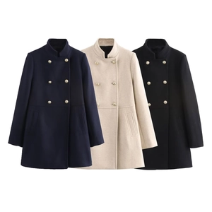 Detailed comparison of double-breasted wool coats in navy, cream, and black colors