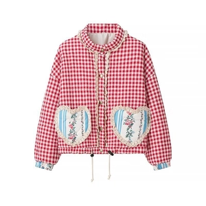 Women's red gingham jacket with lace collar and floral heart-shaped pockets detail