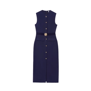 Navy blue sleeveless midi dress with gold buttons and a belted waist feature