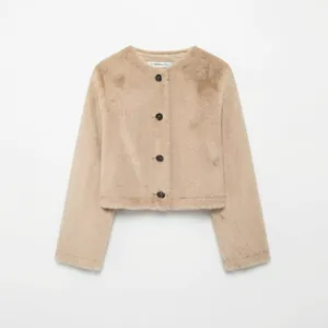 Veste Courte en Fausse Fourrure pour Femme Couleur Unie Col Rond Manches Longues Boutons Manteau Cropped Élégant Automne Hiver