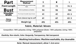 Detailed size guide table for women's wine red casual blazer showing S to L measurements