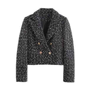 Short double-breasted black and white tweed blazer jacket with gold buttons for women