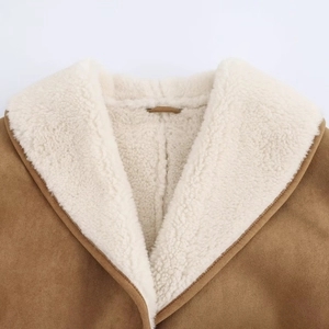Detail shot of brown suede jacket showing plush white faux shearling collar and textures