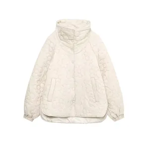 Women Flower Quilted Cotton Jacket Fall Winter Warm Padded Coat Stand Collar Single Breasted Outwear Beige Puffer Jacket
