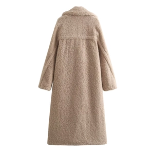 Detailed back view of long camel fleece teddy coat with horizontal seam and notched lapels